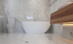 Cistern, Bathtub, and Timber-Look Custom Vanity