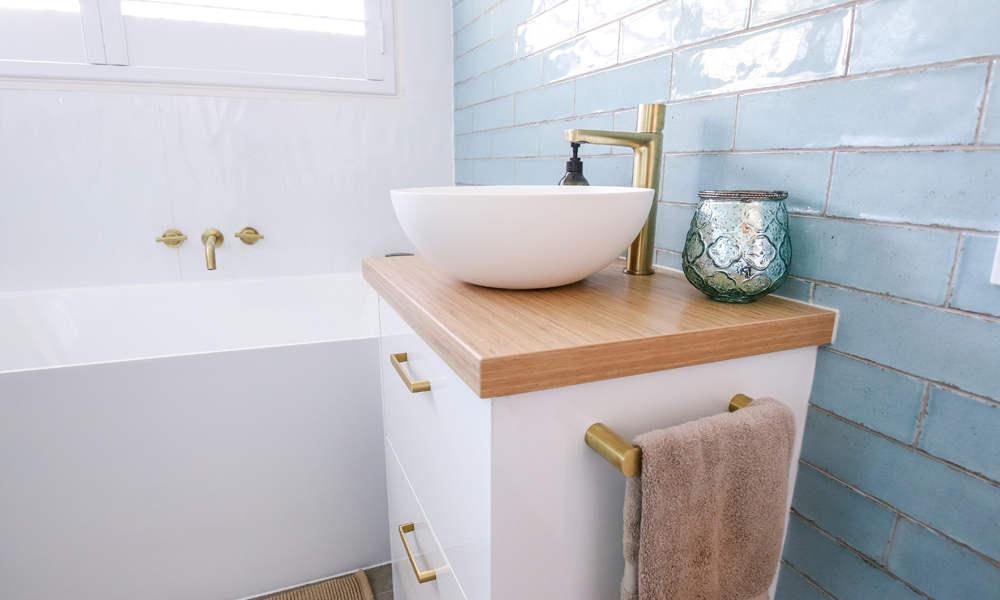 Brushed Brass Tapware  Bathroom feature wall, Bathroom interior, Bathroom  inspiration