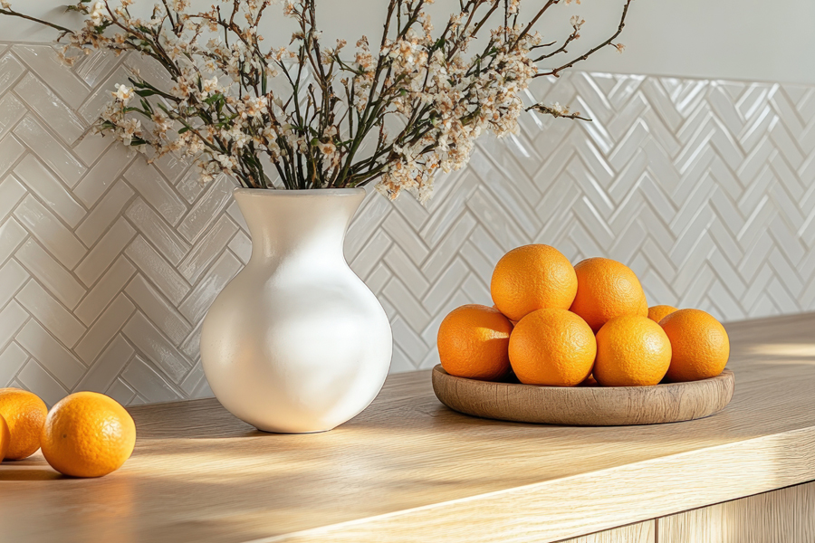Herringbone tiles add detail to splashbacks.