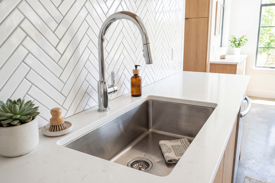 An understated herringbone tile splashback - adds detail and interest